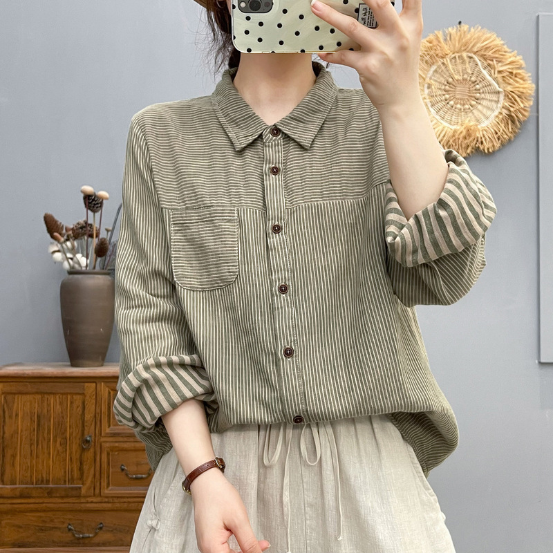 86315洋气尖领拼接条纹舒适棉纱长袖衬衫 女2025秋装新款显瘦上衣|undefined
