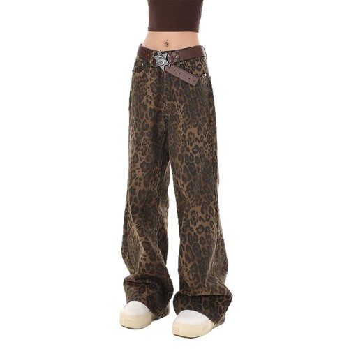 Women's American-style leopard-print jeans: Spring/autumn Instagram-worthy, straight-leg design with a relaxed, oversized, floor-sweeping wide-leg fit