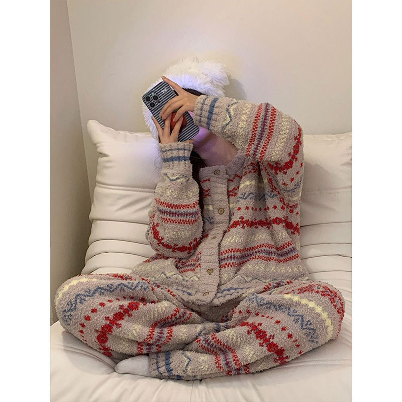 高级感休闲风半边绒睡衣女秋冬新款加厚大码条纹珊瑚绒家居服套装|undefined