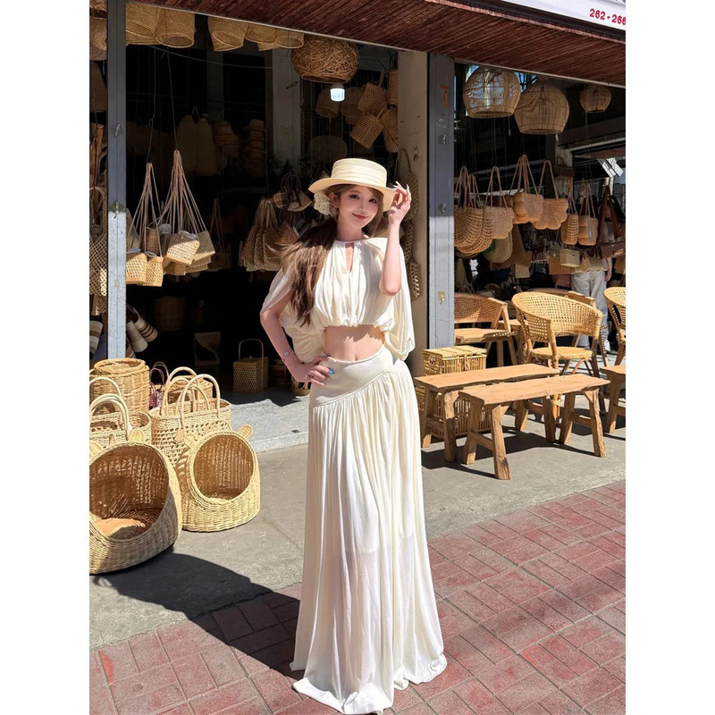 Summer Vacation Style Round-Neck Cape Top + High-Waisted Pleated Skirt, Elegant Long Skirt Two-Piece Set for Women