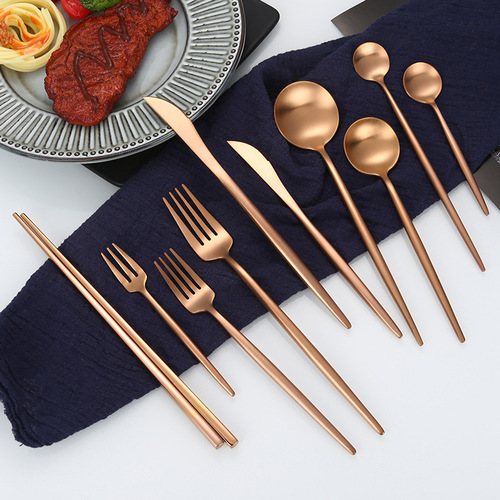 304 stainless steel brushed knife, fork, spoon, round handle, thick Portuguese Western steak knife, fork, dessert spoon, tableware