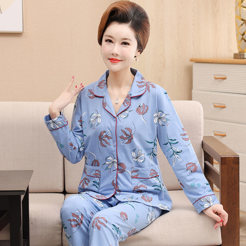 Primavera y otoño 100% pijamas de algodón de manga larga de las mujeres más el tamaño cardigan traje de mediana edad y ancianos ropa de casa de invierno