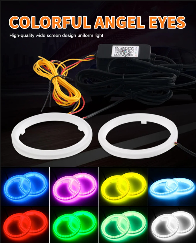 General Motors modified LED angel eye halo rings with APP mobile control, colorful daytime running lights, and headlight rings