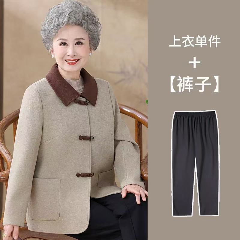 中老年人妈妈装秋季新款翻领毛呢外套70岁奶奶呢子上衣多口袋开衫|undefined
