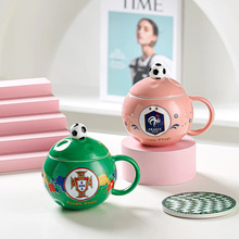 創意高顏值足球杯馬克杯帶蓋勺網紅圓形陶瓷杯子辦公室家用咖啡杯