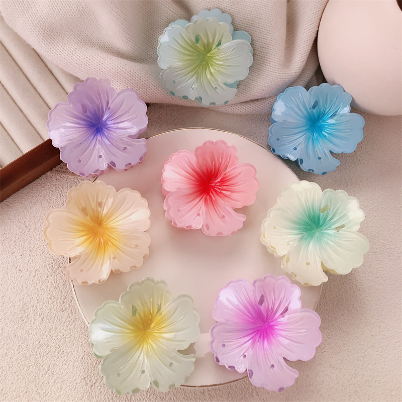 Haibin Holiday Flower Horquilla Island Holiday Estilo de vacaciones Color hibisco Pinza de agarre de flor de hibisco en la parte posterior de la cabeza Pinza de tiburón horquilla