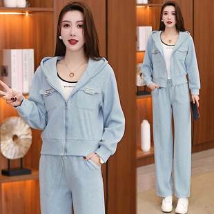 Casual Sports Suit for Women 2025 Spring New Style Slim Hooded Sweatshirt Cardigan Wide Leg Pants Two-Piece Trendy Set