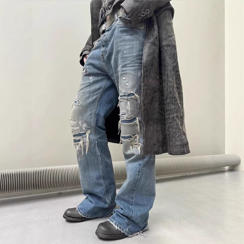 High-end No Faith Studios hand-sewn distressed ripped splatter-paint straight-leg jeans for men and women High-end No Faith Studios hand-sewn distressed ripped splatter-paint straight-leg jeans for men and women