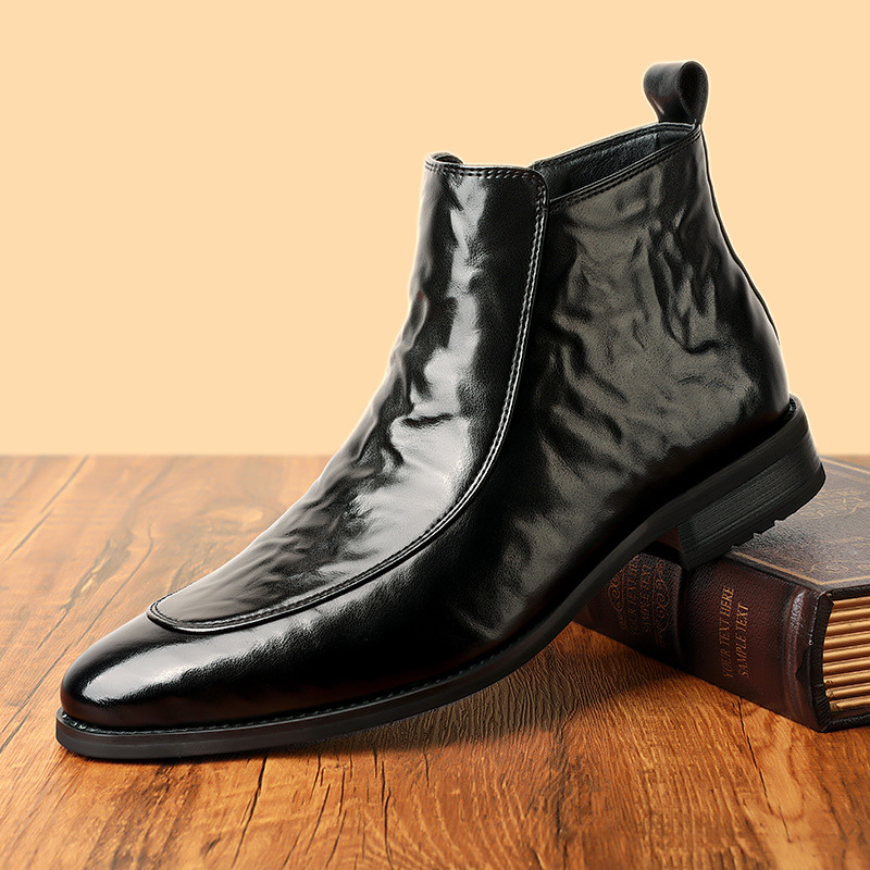 男士切尔西靴复古休闲英伦尖头拉链高帮皮靴冬季加绒保暖男皮鞋