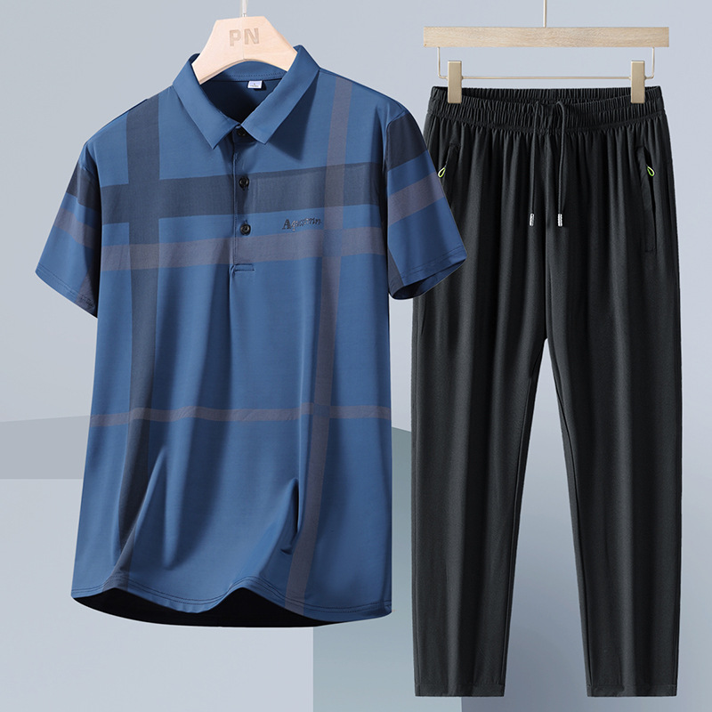 Verano de mediana edad y ancianos traje de polo hombres nuevos pantalones de manga corta de seda de hielo traje de papá suelto casual de dos piezas hombre