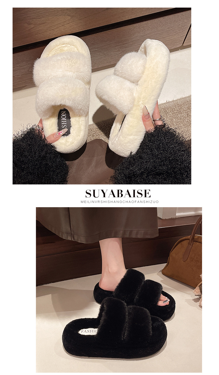 Open Toed Hairy Slippers For Women In Autumn And Winter, New Style For Outdoor Wear, Warm And Thick Soled, Double Straps, Outdoor Cotton Slippers_vogvips.com