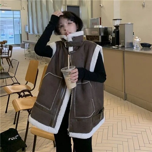 Women's Winter New Plus Size Stand Collar Insulated Biker Vest with Faux Lamb Wool