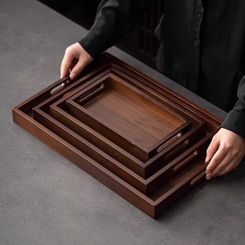 Walnut Dark Color Water Cup Storage Handle Household Large Japanese Tea Set Tray Bamboo Wood Rectangle Handle Display Plate