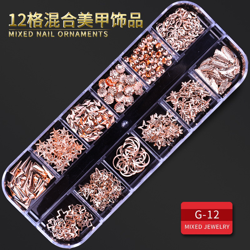 Juego completo transfronterizo de 12 compartimientos de remaches de metal, diamantes de imitación, Xingyue, piezas de concha de diamantes, accesorios para uñas, adornos para uñas