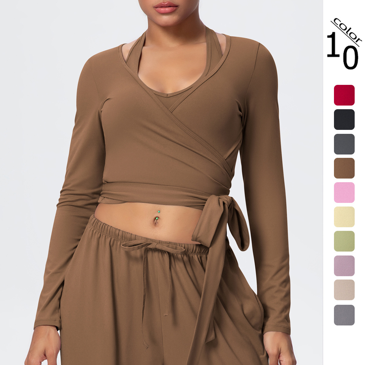 Nuevo color sólido transfronterizo molido rápido secado apertado correa cruzada V-cuello de manga larga deportiva running fitness ropa de yoga mujer