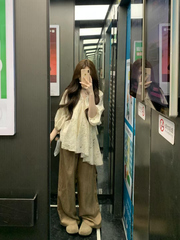 大码胖mm法式别致镂空钩花V领衬衫女秋季高腰宽松休闲裤两件套装