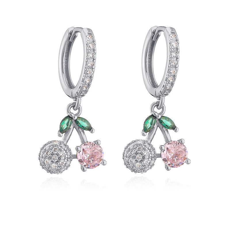 6g Weight Copper Ear Needle Material Zircon Inlay Material Charm Sleeper Hoop Earrings, Earrings Classification 1 Pair Quantity Holiday, Banquet, Daily Occasion Copper Material Cherry, Heart Shape Pattern Women's Gender Inlay Design Sweet Style 1 Pair Sweet Cherry Heart Shape Inlay Copper Zircon Earrings 3