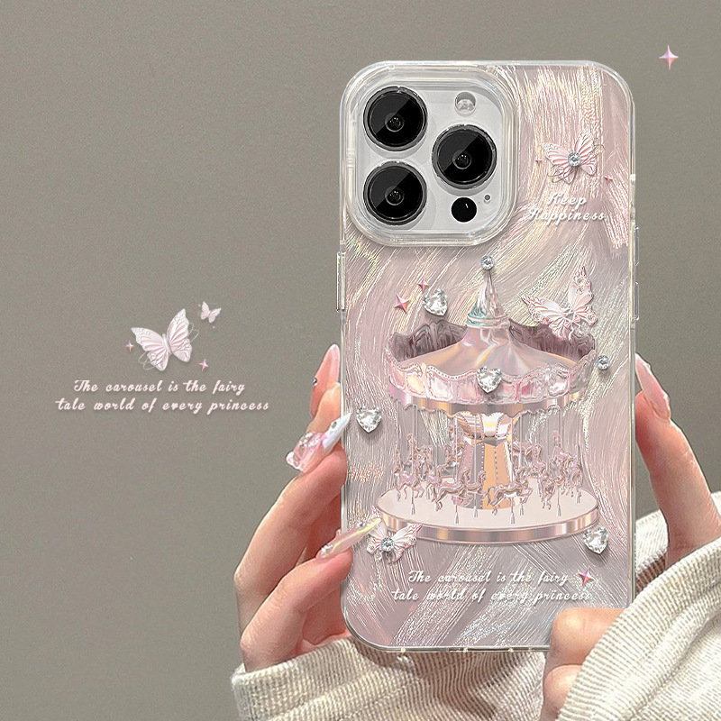 Suitable for Apple 15 Phone Case, iPhone 14 Pro Max Pink Carousel, 13 Feather Yarn, 16 Laser, 17 Rhinestone