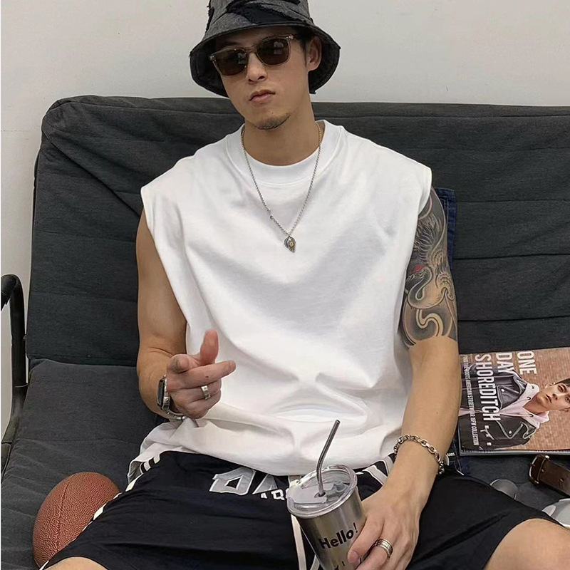 300g de algodón pesado chaleco sin mangas de verano nuevo hombro camiseta deportiva de color sólido para hombres de moda chaqueta suelta