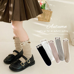 Children's Autumn/Winter Socks with Ribbed Edge and Bowknot, Princess Style, Versatile, Bulk Selling, Girls' Medium/Long Calf Socks, Double-Needle Construction