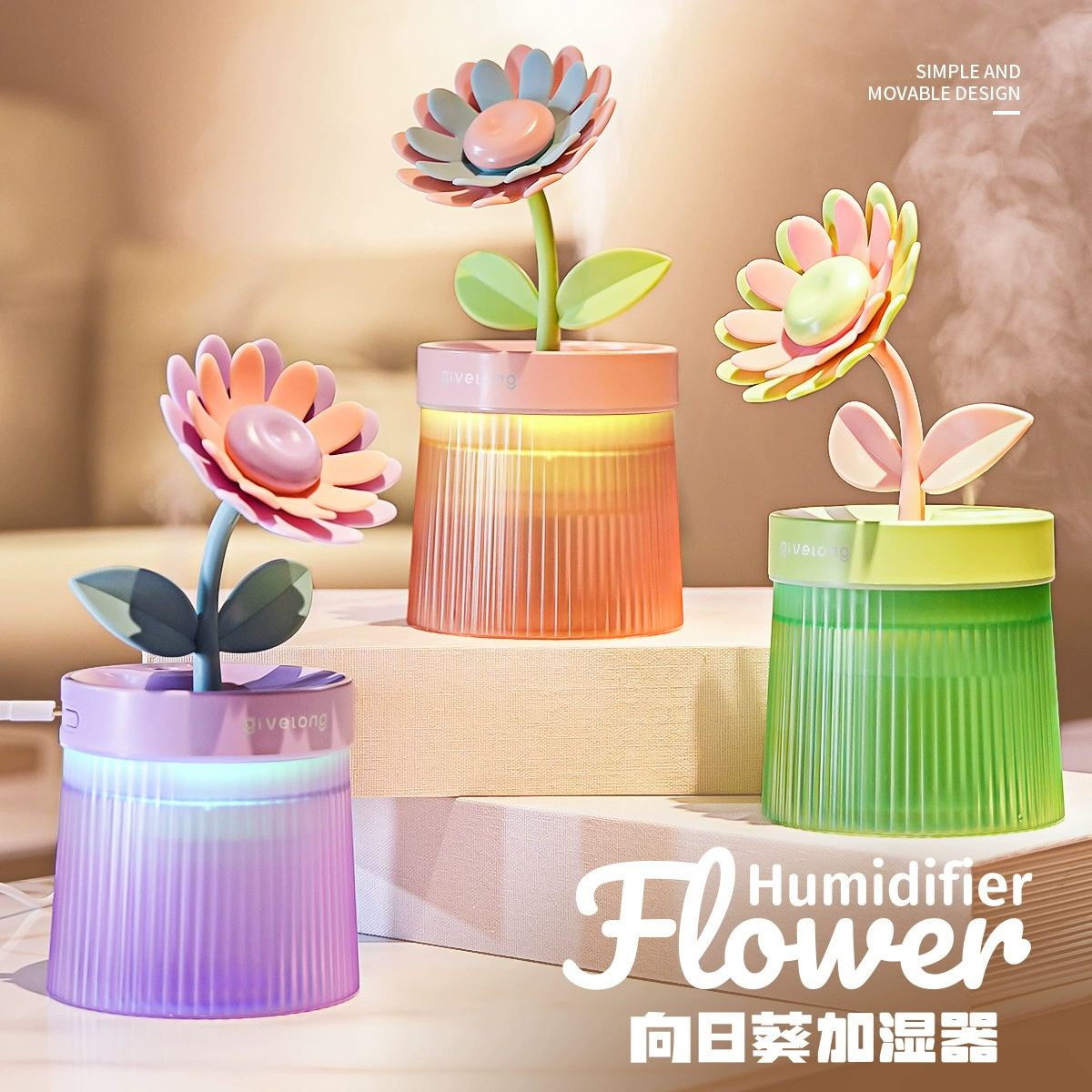Table humidifier, lights with sunflower extract, electrospray, flowered
