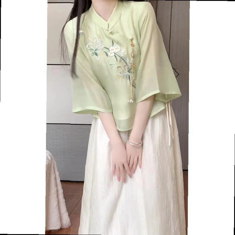 Artistic Girl Tang Suit Two-Piece Set New Chinese Style Embroidered Improved Cheongsam Top with Skirt Suit Factory Manufacturer