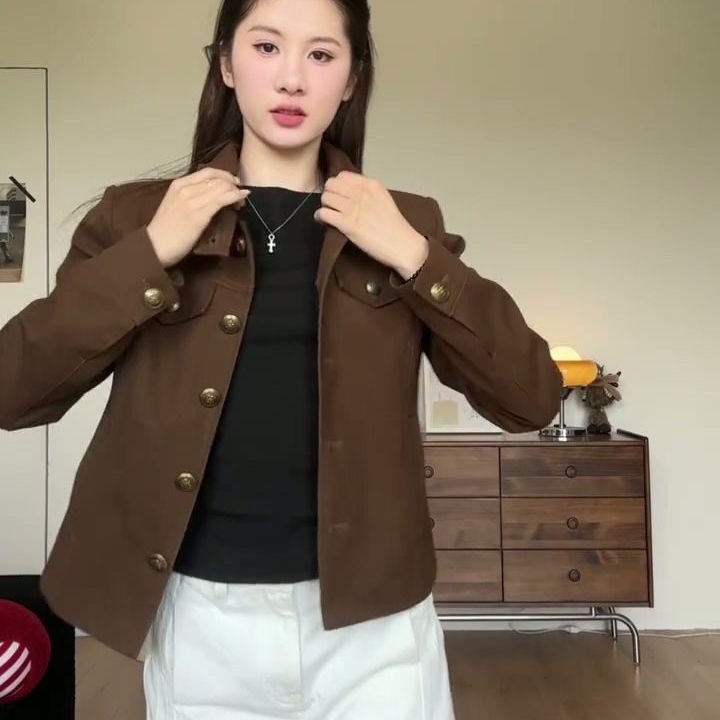 复古休闲工装立领设计短外套女2025秋季新款ins修身百搭夹克上衣|undefined