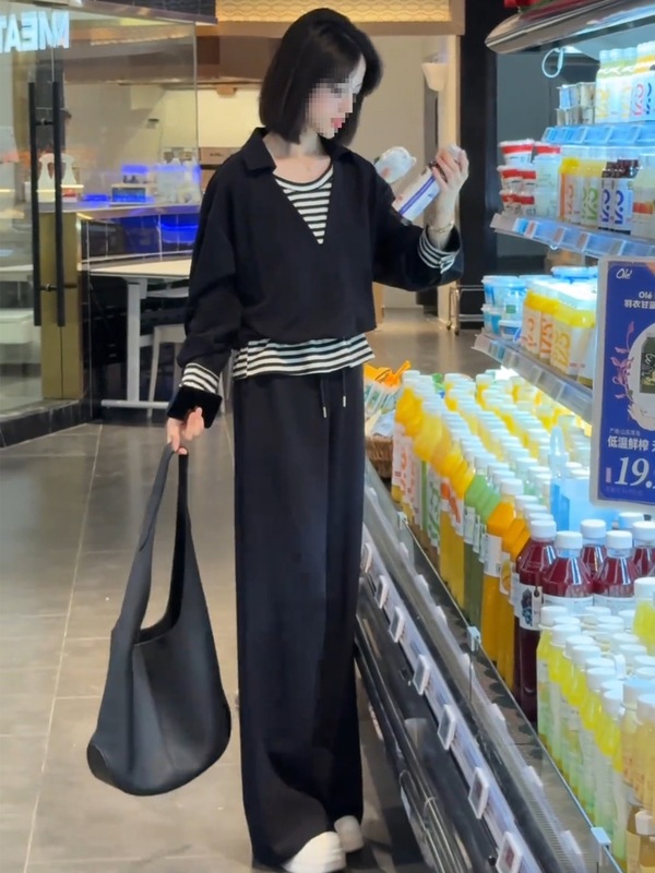 时尚休闲套装女2025秋季新款洋气条纹拼接假两件上衣阔腿裤两件套|undefined