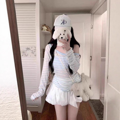 韩系条纹斜露肩长袖T恤女装防晒设计感别致罩衫休闲百搭上衣