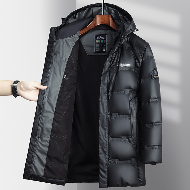 新型ダウンジャケット男性ミディアムロングフード付きダウンジャケット防寒保温中青年pu皮面防水ダウンジャケット