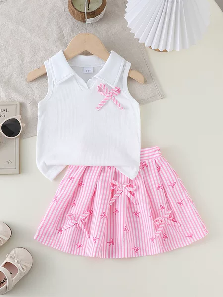 2026 Girls' European and American Style Children's Clothing Spring and Summer New Striped Bow Print Sleeveless Top + Pleated Skirt Two-Piece Set