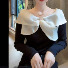 欧货2025秋季新款时尚蝴蝶结T恤洋气修身显瘦长袖打的上衣女潮