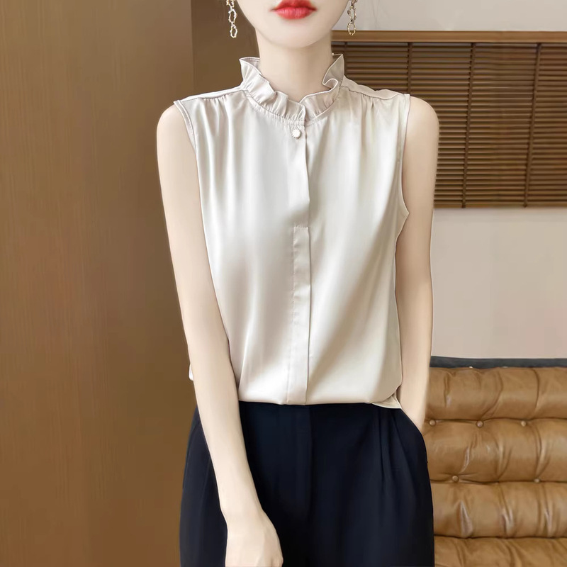 Light Luxury Faux Silk Ruffled Collar Sleeveless Shirt, Women's Silk Satin Stand Collar Summer New Style Inner Wear