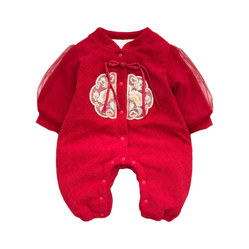 Ropa de bebé de una pieza de otoño e invierno más chaqueta de algodón con clip de terciopelo 0-2 años, luna llena, cien días, mameluco, ropa de Año Nuevo, ropa de fin de año 3