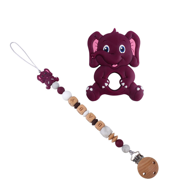 Bebé de dibujos animados elefante de silicona teether stick teether nuevo bebé nombre chupete cadena traje