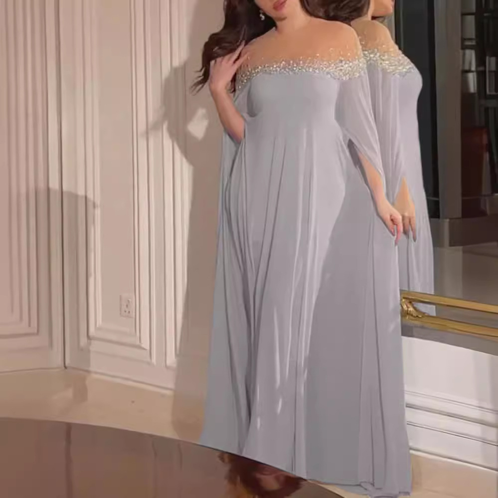 Women's Clothing Temperament Sexy High Waist Hot Diamond Pearl Chiffon Banquet Evening Dress_voghion.com