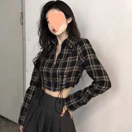 【原版】法式复古格子长袖衬衫设计感小众绑带修身高腰短款上衣