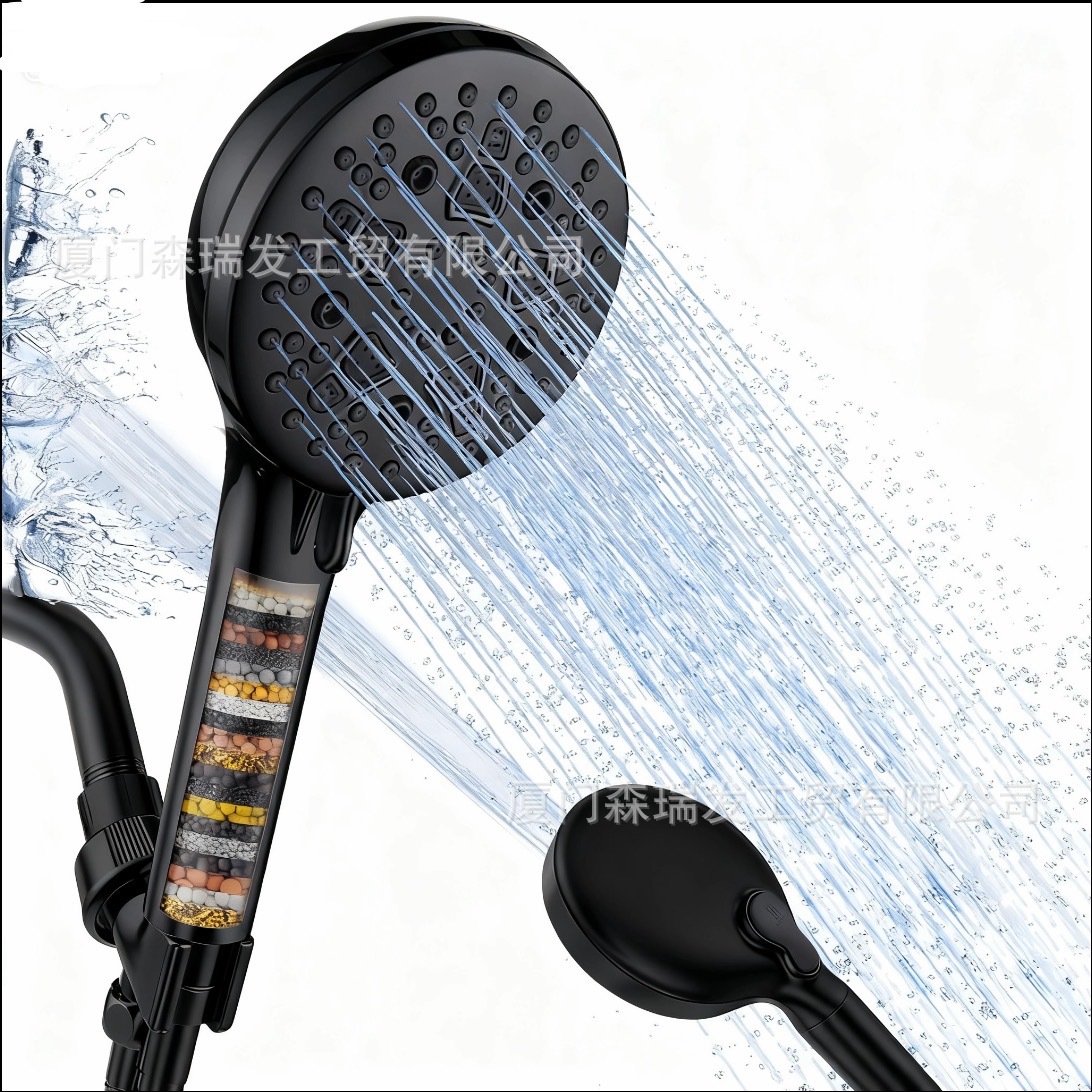 Cross-Border Multifunctional Handheld Shower Filter, Chlorine Removal, Ph Value Adjustment, Beauty Shower, Transparent Handle, Black Shower Head