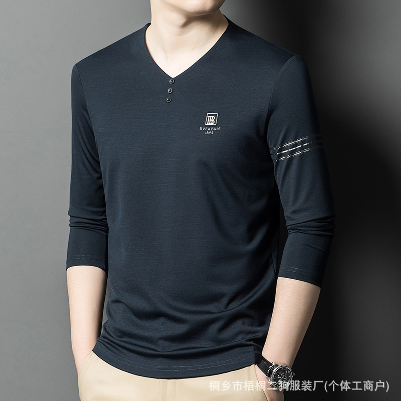 2026 Spring New Silk Long-Sleeved T-Shirt for Young Men with V-Neck, Casual and Loose Fit, Men's Base Layer Sweatshirt