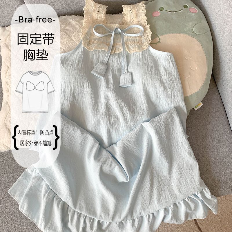 Chaleco de encaje camisón verano pijamas de mujer nube cinturón de algodón cojín en el pecho sin mangas vestido de princesa suelto ropa de casa verano