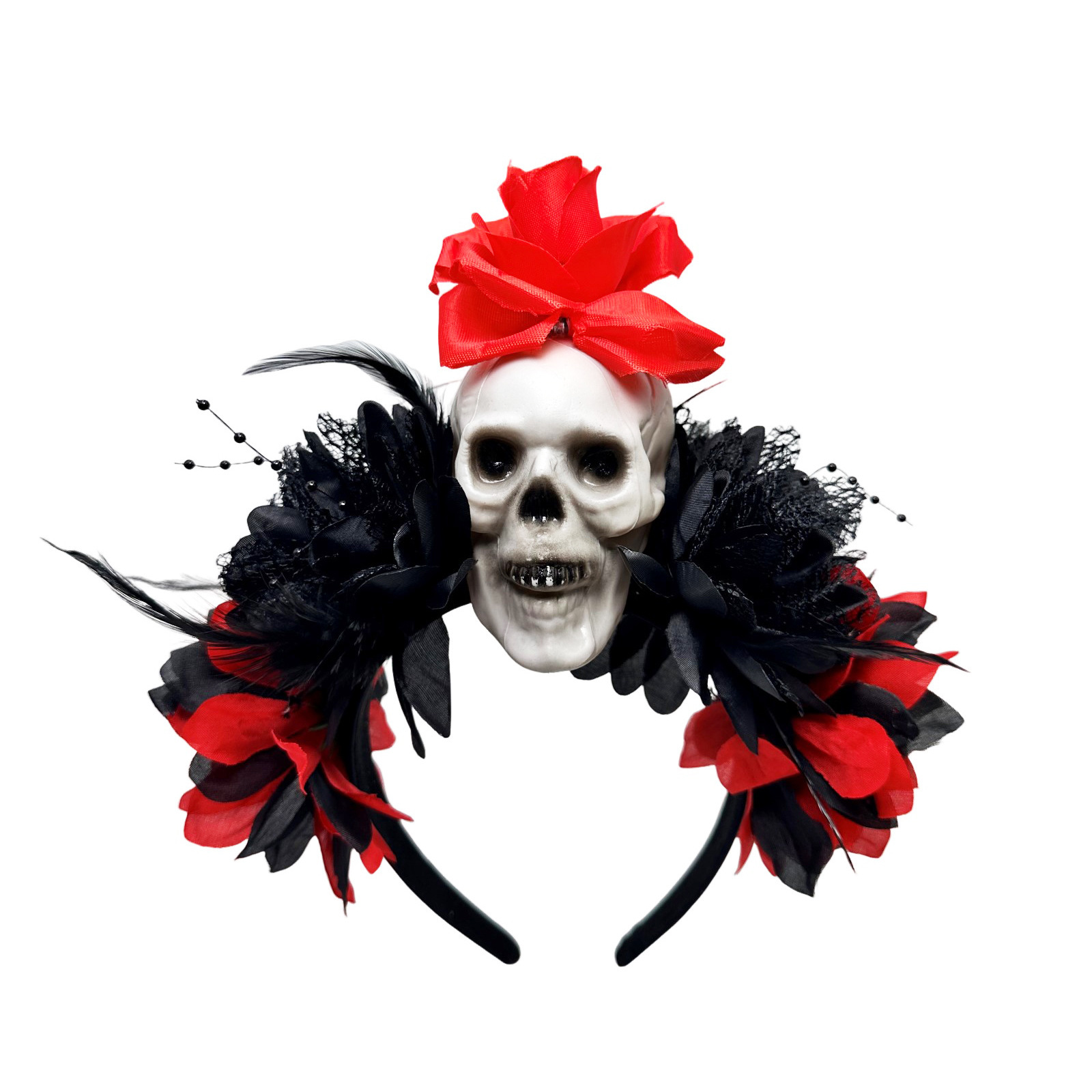 Día de los Muertos Diadema de Calavera Fiesta cos Tocado de cos Diadema de flor artificial de Halloween Tocado de cráneo de terror oscuro