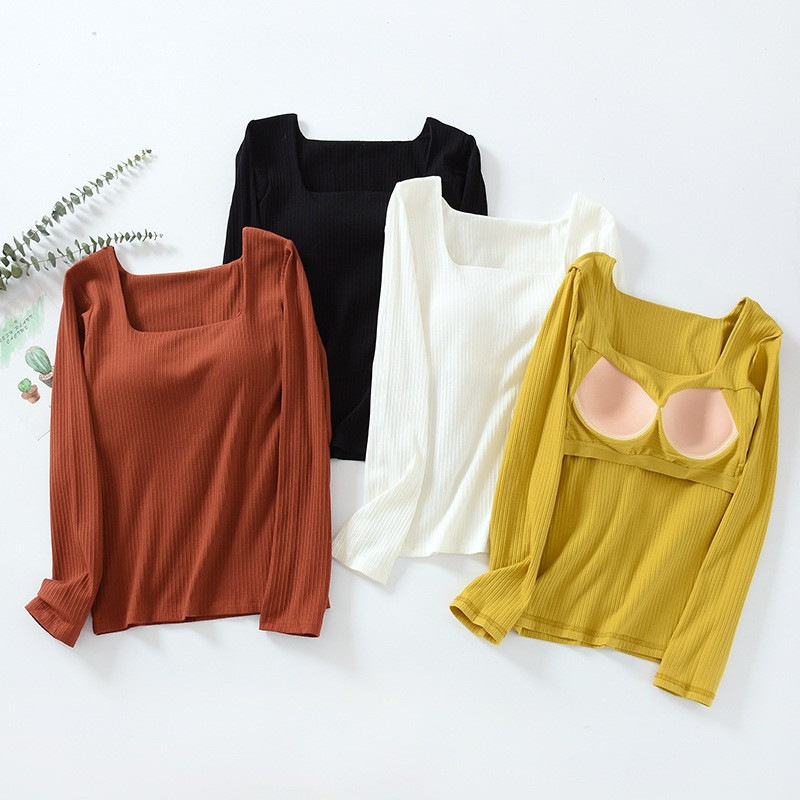 Women's Long-sleeved Spring and Autumn T-shirt with Chest Pad Can be Wearing Outer without Steel Ring Bra-free Underwear Cup One-piece Square Collar Base Women's Long-sleeved Spring and Autumn T-shirt with Chest Pad Can be Wearing Outer without Steel Ring Bra-free Underwear Cup One-piece Square Collar Base