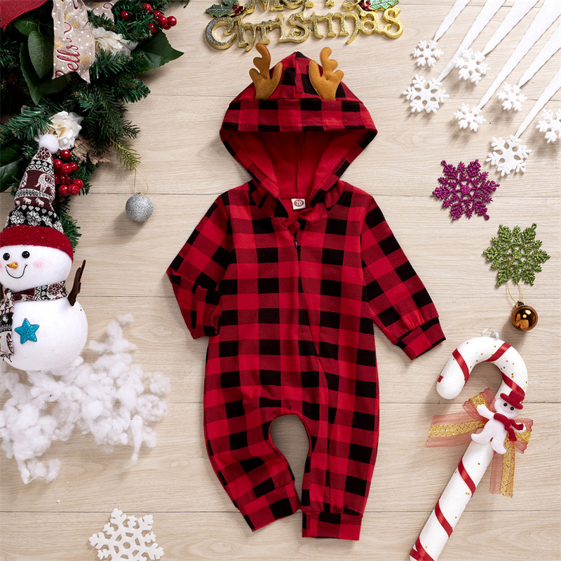 baby Christmas lattice Coveralls Romper Europe and America Foreign trade festival Children's clothing Christmas Antlers Hooded Climb clothes