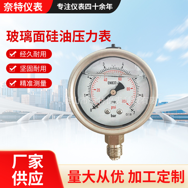 玻璃面硅油压力表 铜接头电镀镍进口结构 G1/4螺纹直立式
