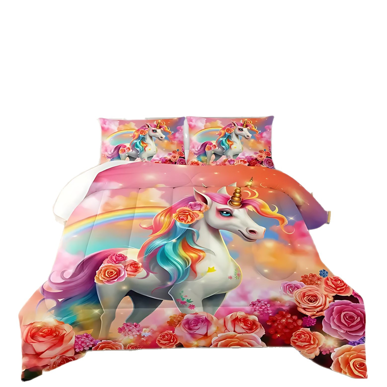 TEMU / JIT Unicornio de dibujos animados para niños impresión digital 3D 180gms colcha colchón conjunto de dibujos pueden hacer