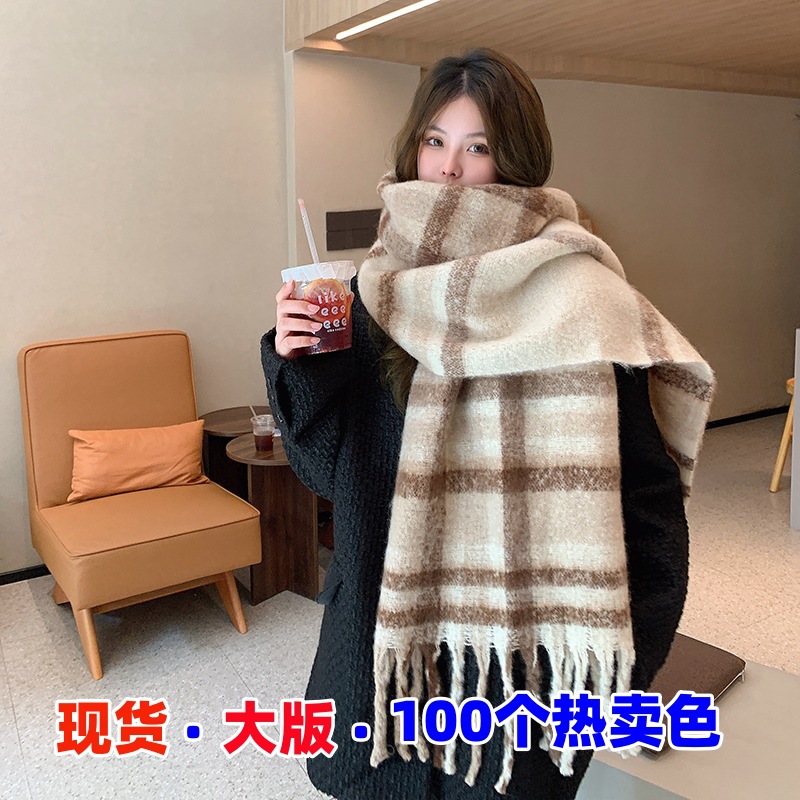 韩版格纹流苏马海毛围巾女春季日系学生出游百搭时尚贴布围脖休闲