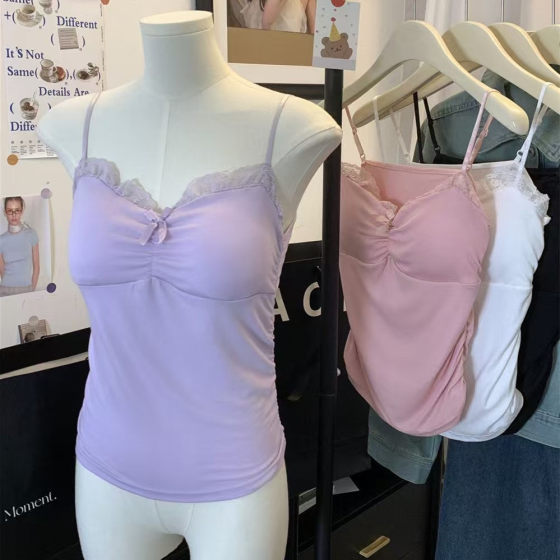 Sweet Lace Camisole Women's Vest with Chest Pad Summer New Breathable Outer Wear Sleeveless Base Slimming Top