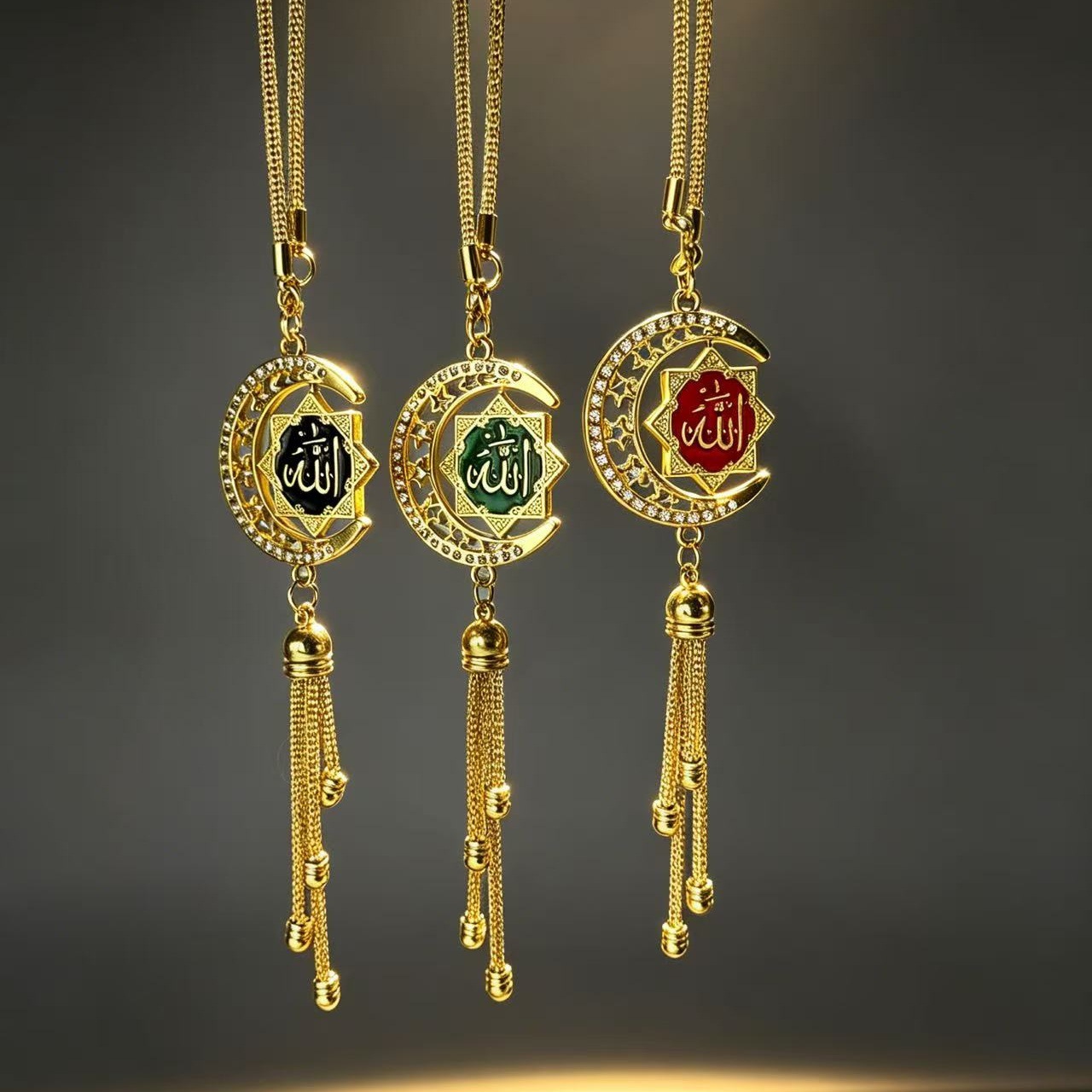 Golden Star and Moon Enamel Car Pendant, 3D Scripture Car Hanging Ornament, Diamond-Encrusted Rearview Mirror Tassel Decoration, Cross-Border Wholesale