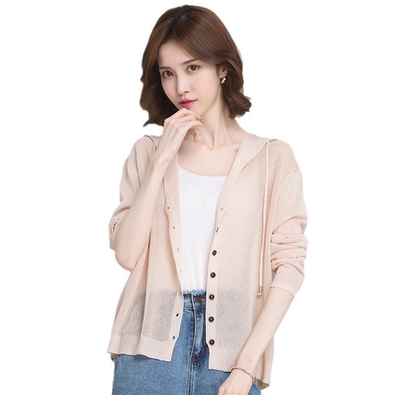Chaqueta de Punto con Capucha para Protección Solar de Viscosa Manga Larga