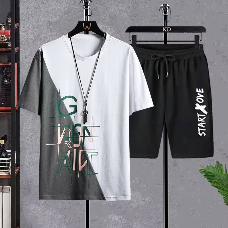 Nuevo traje de degradado de seda de hielo de secado rápido, camiseta de manga corta para hombre, pantalones cortos casuales de verano, traje deportivo de dos piezas al por mayor de fábrica